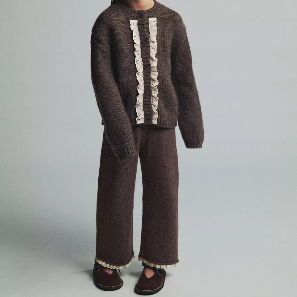 ZARA lace trim knit set sweater cardigan and culottes pants 2-3 brown ivory